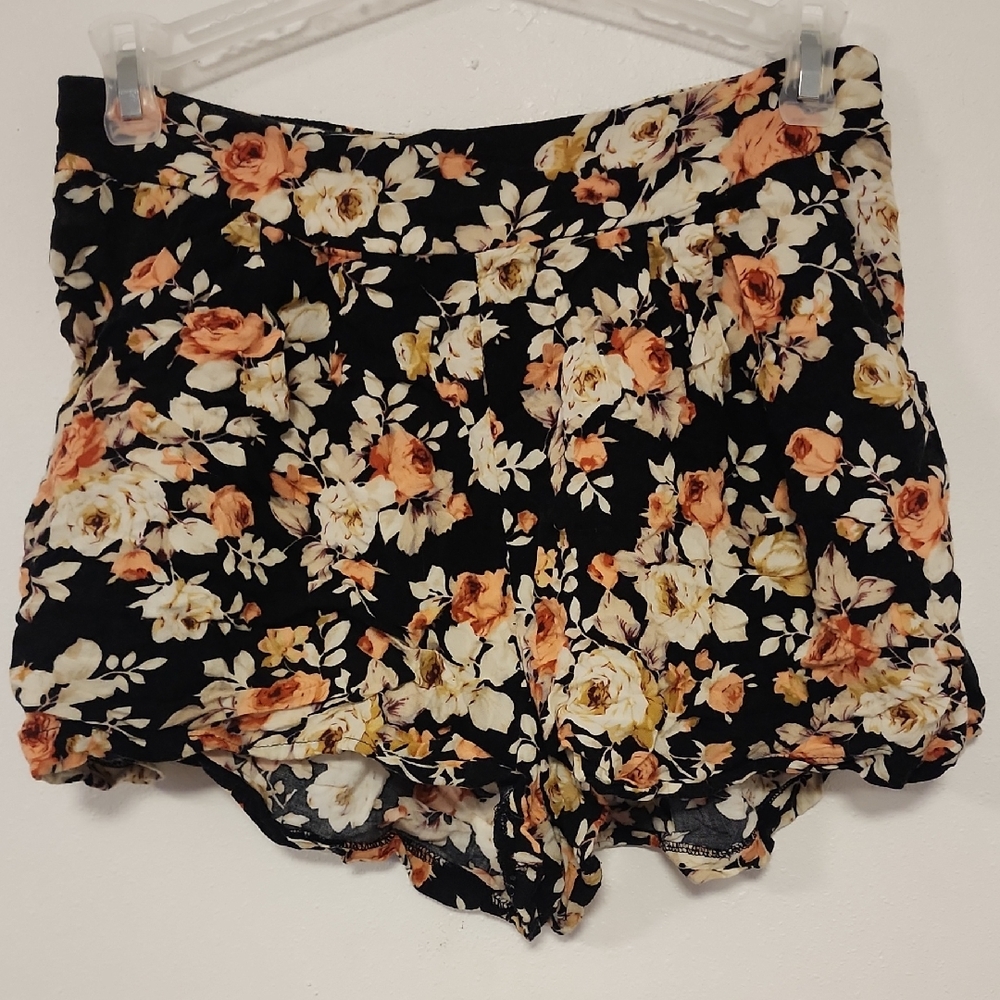 Black and Orange High Waist Floral Shorts